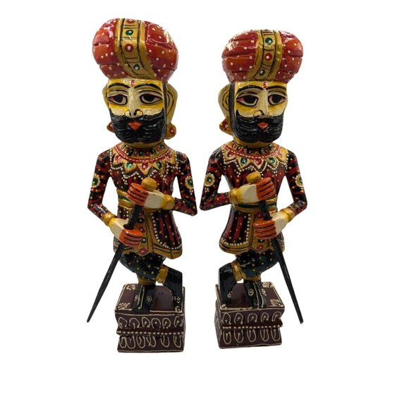 Pair of rajasthani wooden statue handicraft painted royal gate keeper watch man - Picture 2 of 12